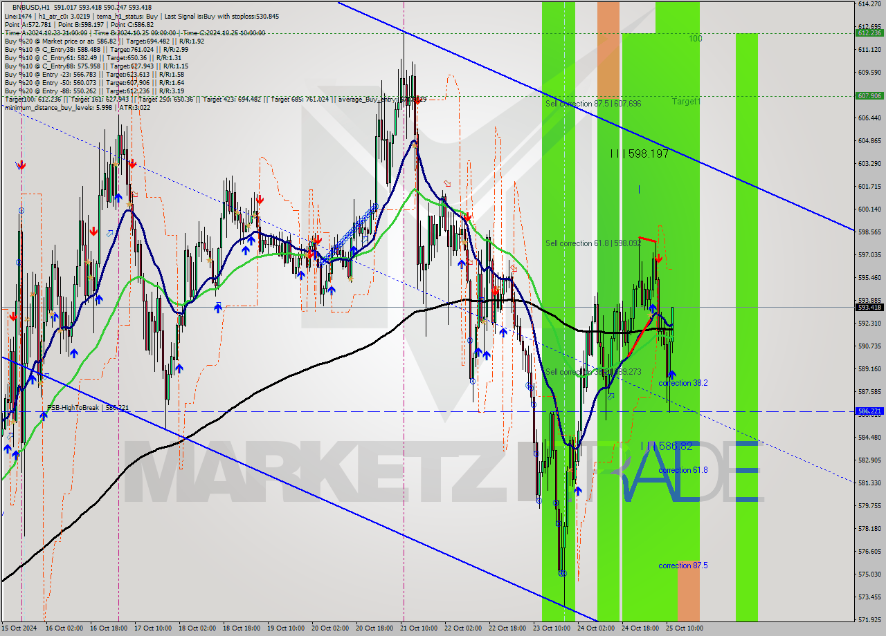 BNBUSD MultiTimeframe analysis at date 2024.10.25 12:57