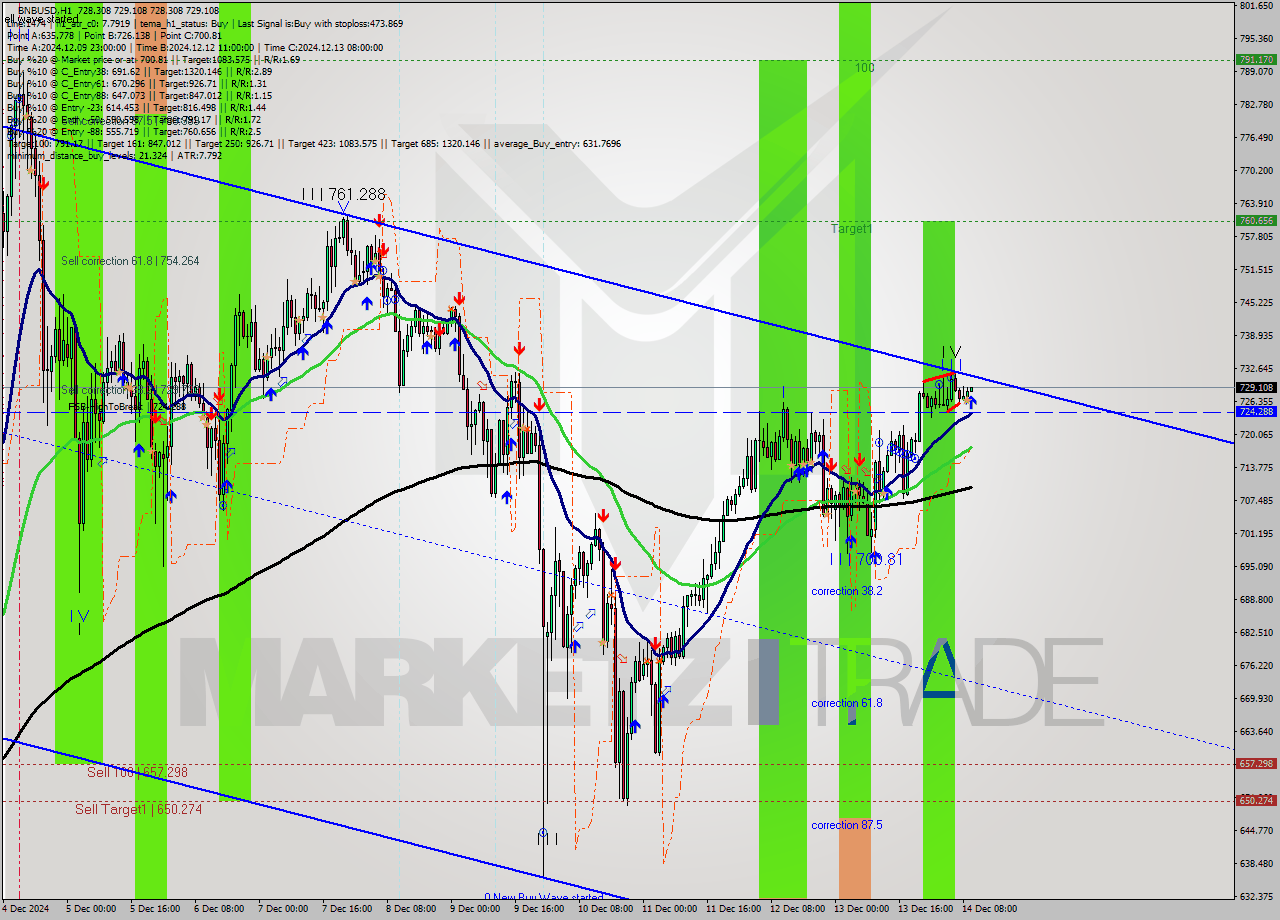 BNBUSD MultiTimeframe analysis at date 2024.12.14 10:01
