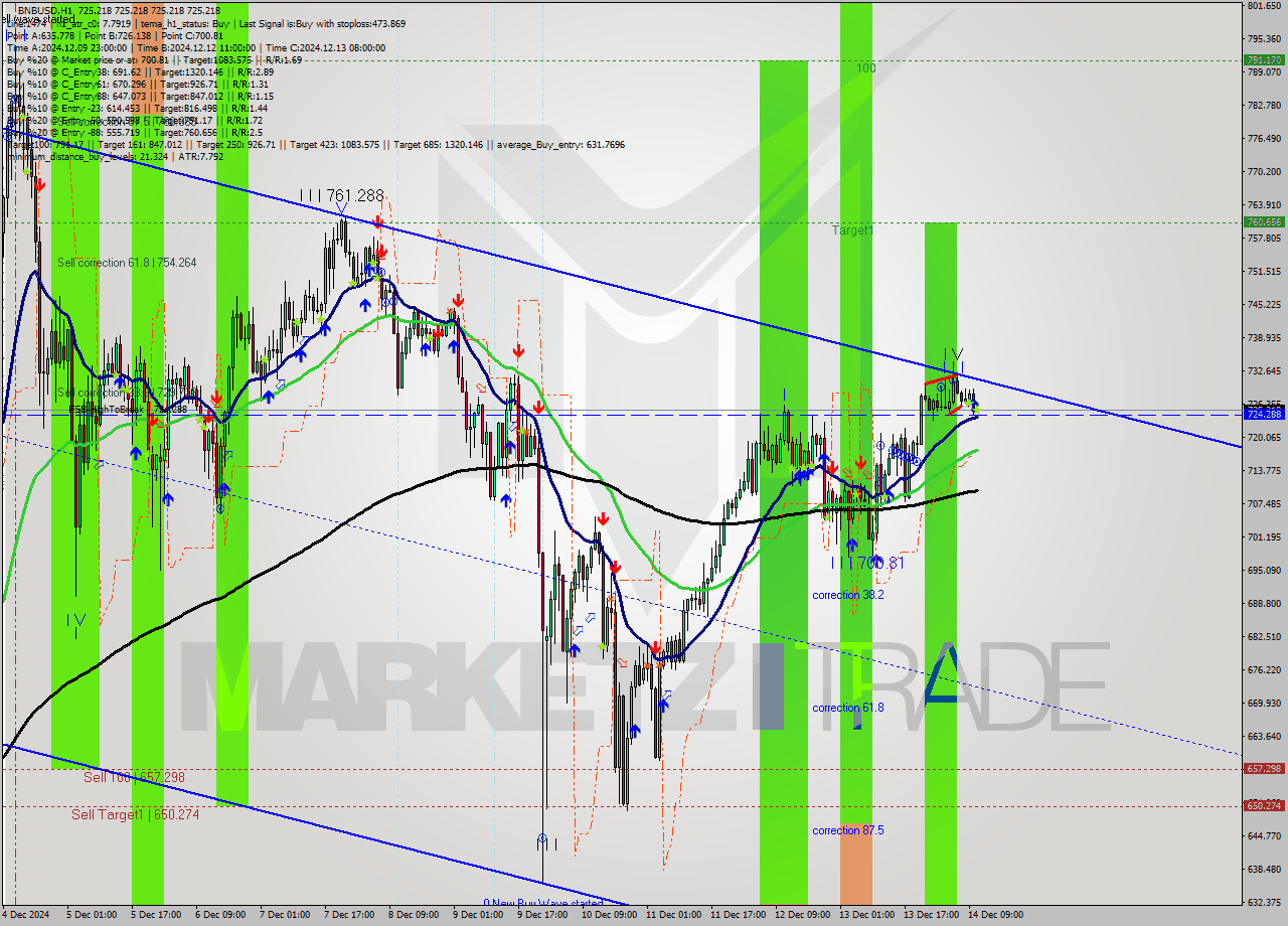 BNBUSD MultiTimeframe analysis at date 2024.12.14 11:00