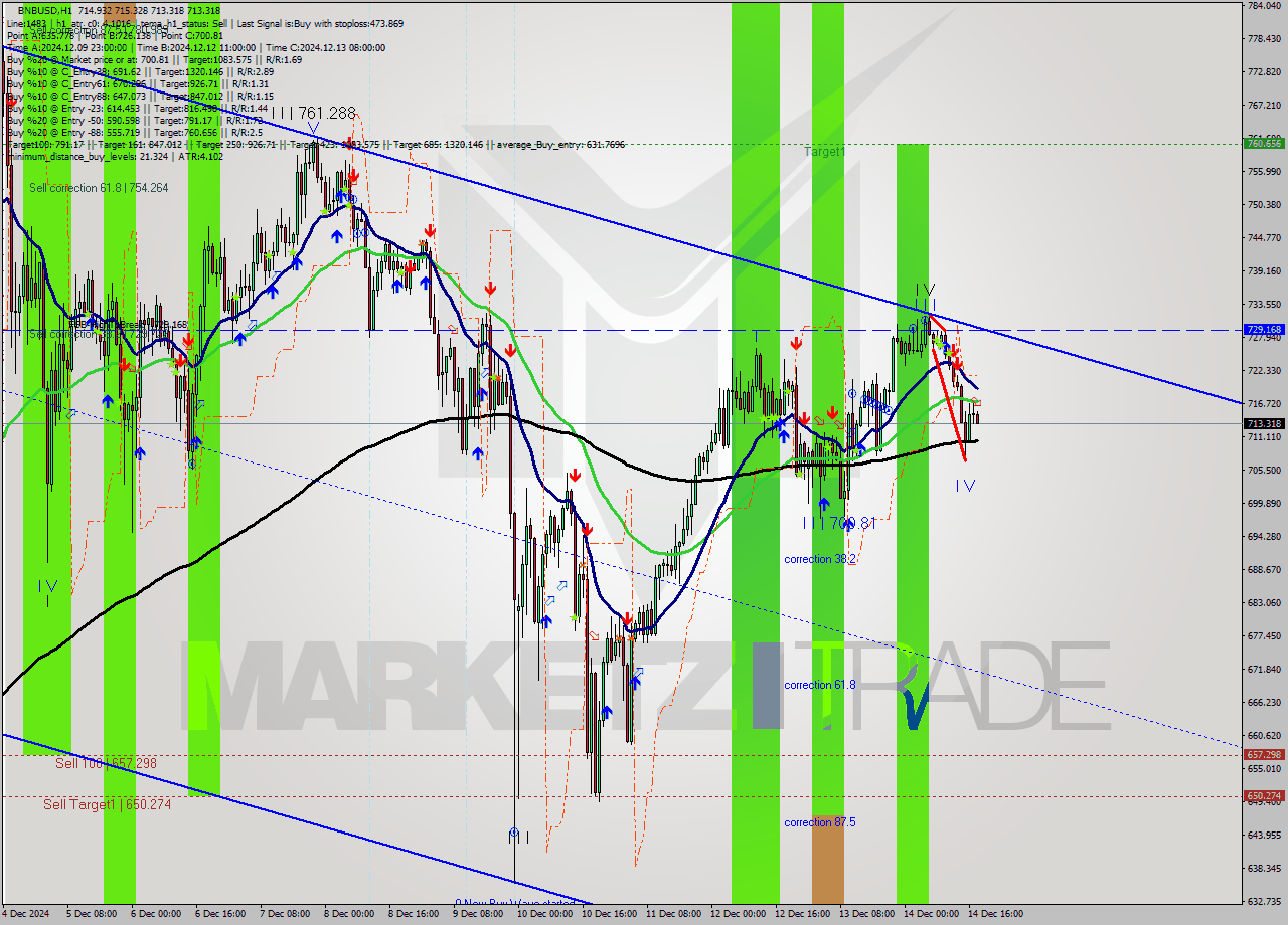 BNBUSD MultiTimeframe analysis at date 2024.12.14 18:07