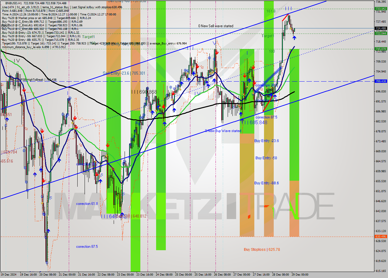 BNBUSD MultiTimeframe analysis at date 2024.12.29 02:02