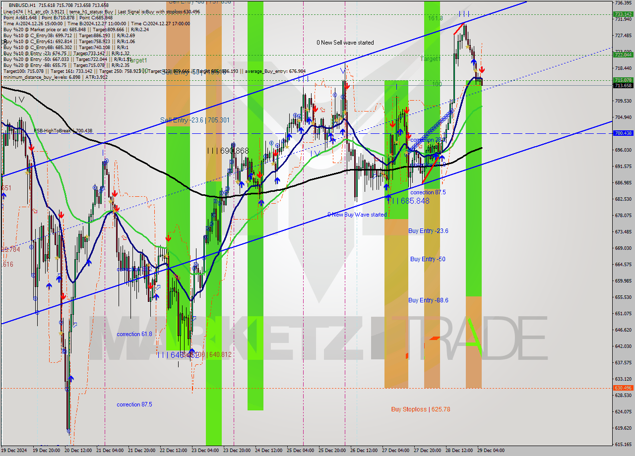 BNBUSD MultiTimeframe analysis at date 2024.12.29 06:23