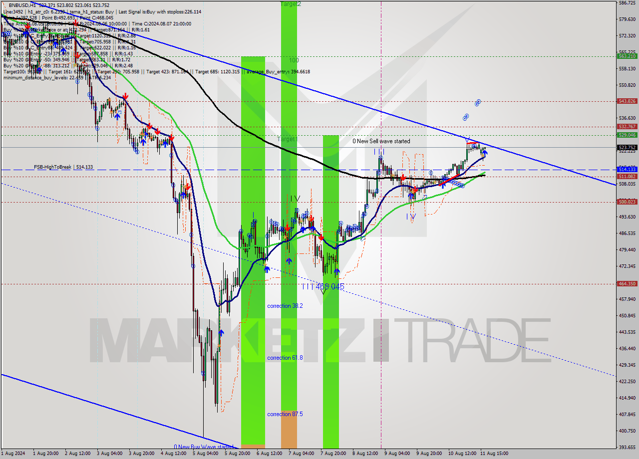 BNBUSD MultiTimeframe analysis at date 2024.08.11 17:03