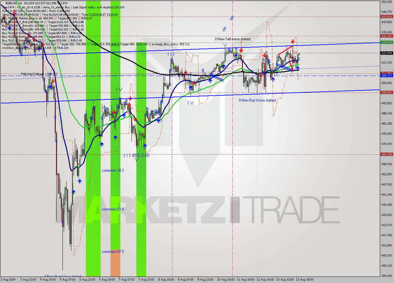BNBUSD MultiTimeframe analysis at date 2024.08.13 20:02