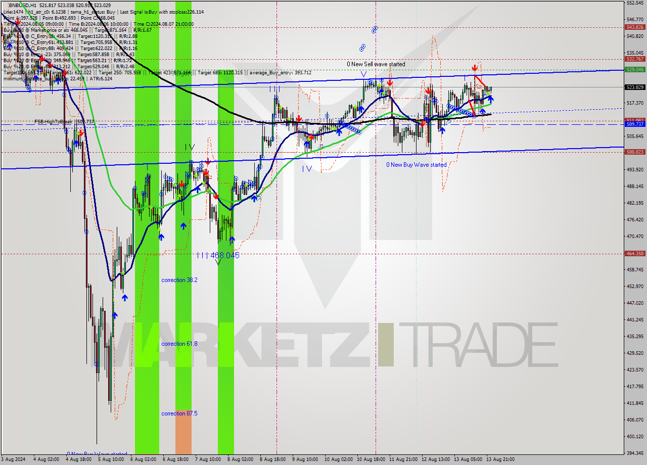 BNBUSD MultiTimeframe analysis at date 2024.08.13 23:33