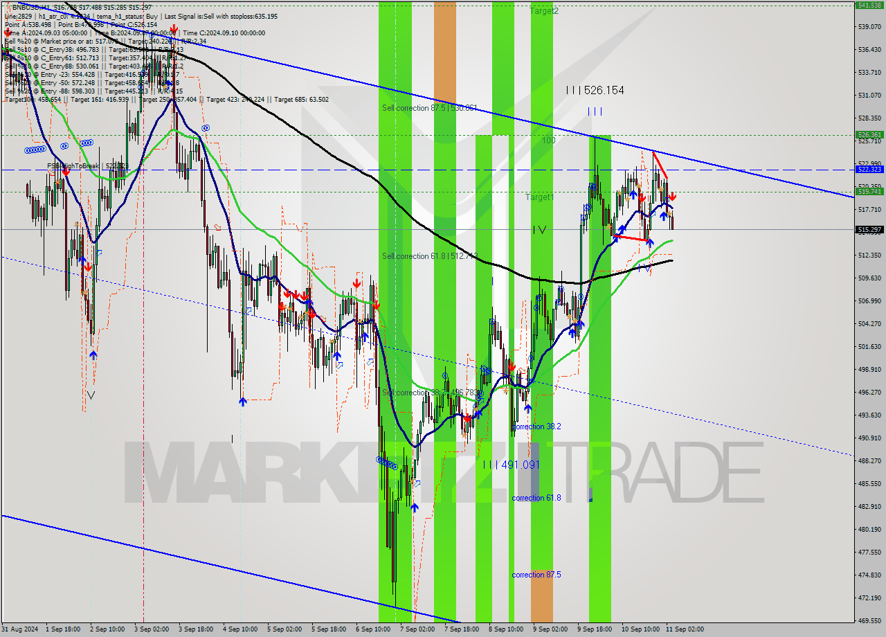 BNBUSD MultiTimeframe analysis at date 2024.09.11 04:22