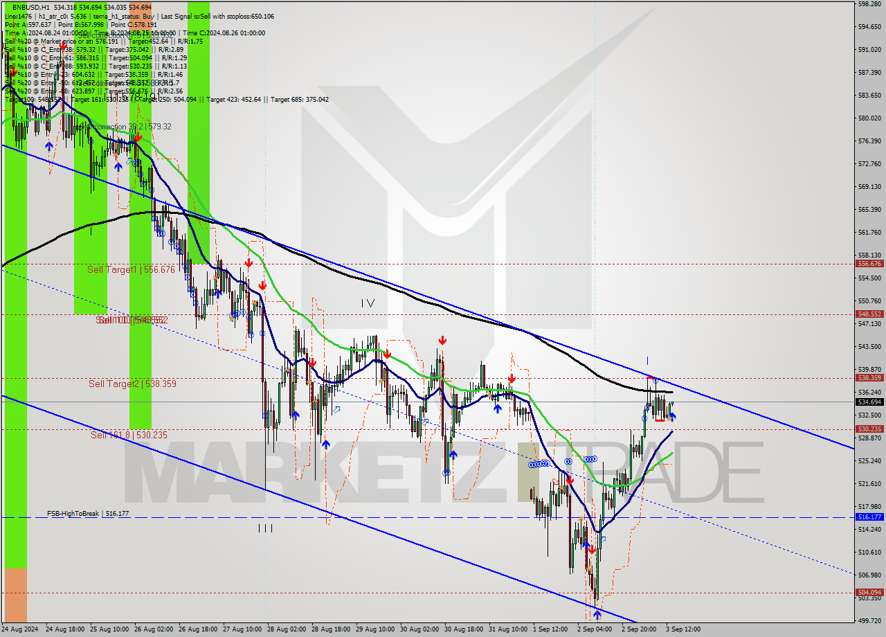 BNBUSD MultiTimeframe analysis at date 2024.09.03 14:01